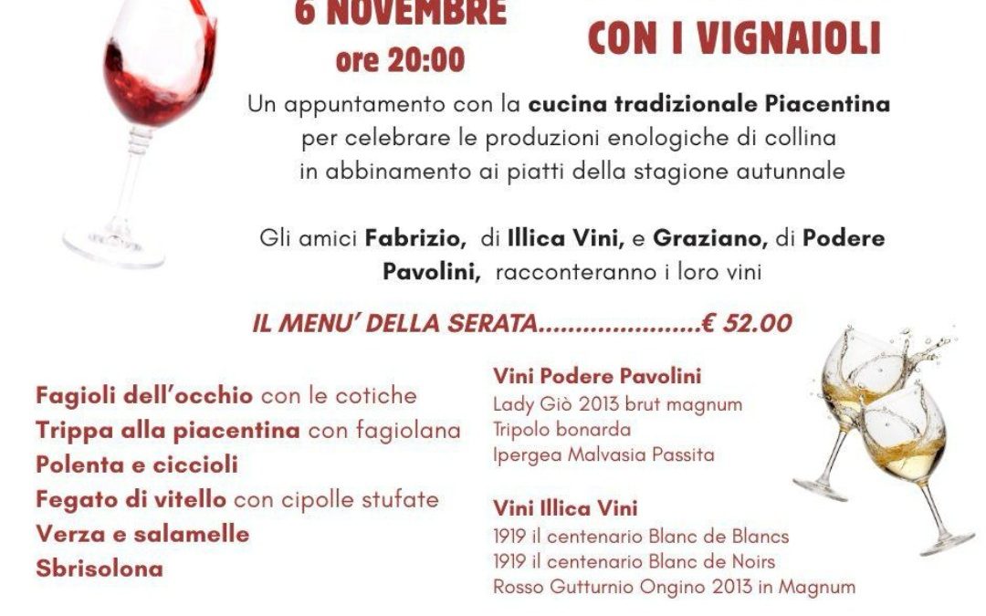 Cena conviviale con i vignaioli Giovedì 6 novembre